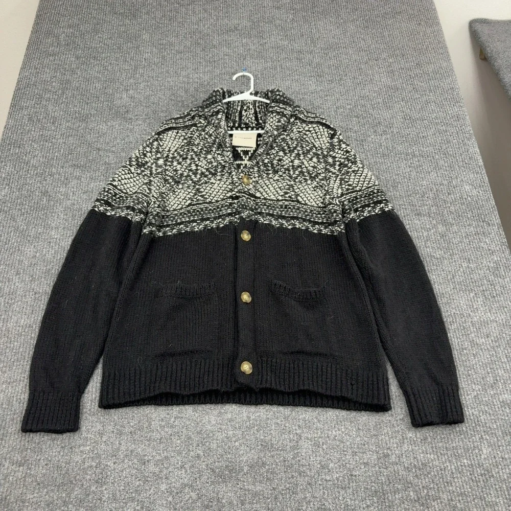 Lucky Brand Cardigan Mens L Black Wool Blend Fair Isle Shawl Collar Boho Style